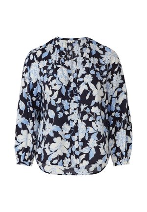Granatowa bluzka z długim rękawem w biało-niebieski kwiatowy wzór, z marszczonym dekoltem i zapinanymi na guziki mankietami.