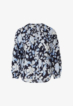 Marineblauwe blouse met lange mouwen, witte en lichtblauwe bloemmotieven, geplooide halslijn en manchetknopen.