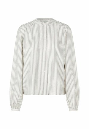 Witte blouse met lange mouwen en dunne grijze strepen, hoge kraag, knoopsluiting en geplooide details op de mouwen. Zachte, lichte stof.