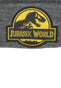 Szara czapka dzianinowa z czarnym i żółtym haftem przedstawiającym dinozaura oraz napisem "Jurassic World" poniżej.