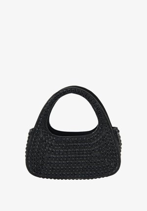 Sort håndtaske med en rund form, tekstureret overflade med blanke detaljer og et bredt, rundt håndtag for komfortabel bæring.