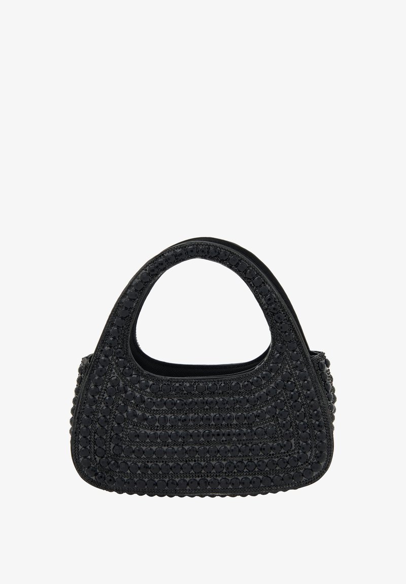 Sort håndtaske med en rund form, tekstureret overflade med blanke detaljer og et bredt, rundt håndtag for komfortabel bæring.