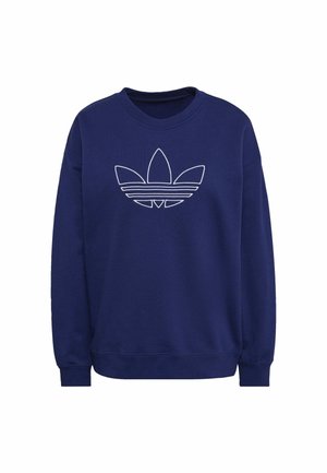 Sweat-shirt bleu marine à manches longues avec col rond et logo Adidas trefoil blanc souligné centré sur la poitrine.
