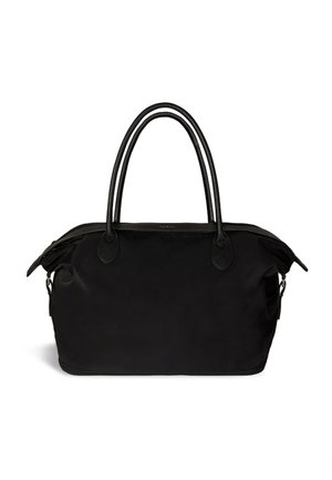 Black nylon travel bag with two leather handles, zip closure, and side pockets; smooth texture and rounded shape.