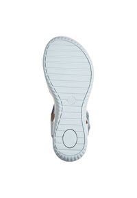 Sole di scarpa in gomma bianca con scanalature verticali, indentazione circolare e tacco rinforzato. Accenti blu chiaro sui lati.