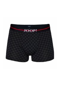 Black boxer briefs featuring a geometric gray pattern, a black waistband with red accents, and the brand name "JOOP!" prominently displayed.