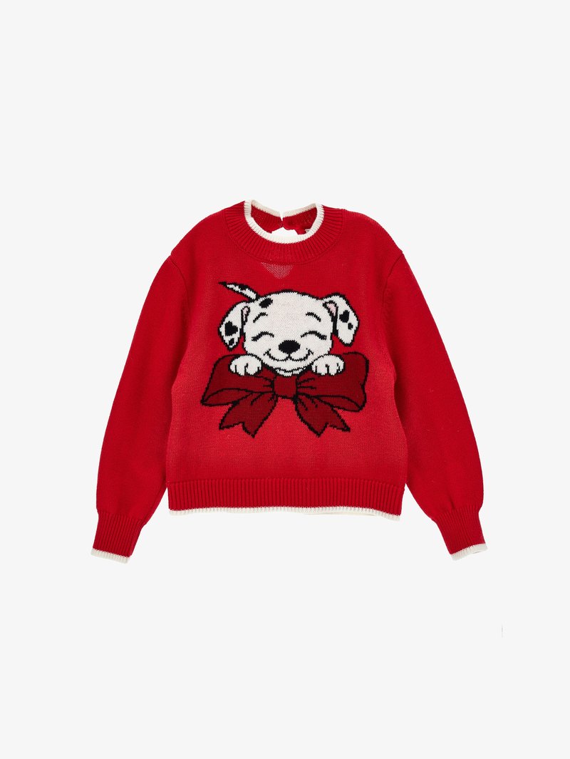 Pull en maille rouge avec un chiot dalmatien blanc souriant au-dessus d'un grand nœud rouge, avec des poignets et un col côtelés bordés de blanc.