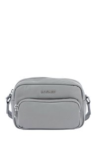 Borsa a tracolla in nylon grigio con texture liscia, multiple tasche con zip, logo impresso e tracolla regolabile. Design compatto.