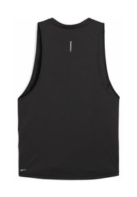 Sort atletisk tanktop, lavet af glat stof, med ærmeløs design, rund halsudskæring og lille hvid logo detalje på ryggen.
