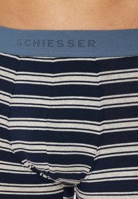 Boxer in cotone a righe navy con righe orizzontali grigio chiaro. Presenta un elastico blu in vita con il testo "SCHIESSER". Tessuto morbido.