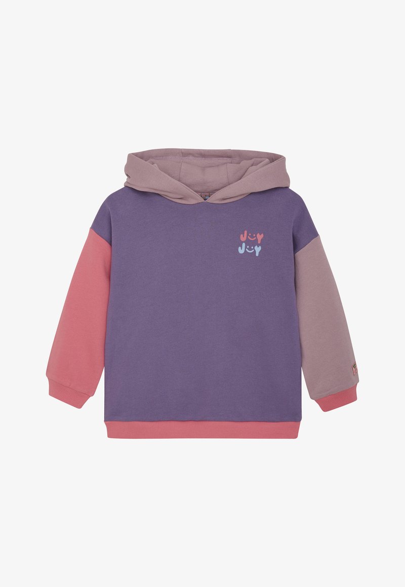 Felpa color block per bambini con corpo viola, maniche rosa e malva, testo sorridente "Joy Joy" sul petto e fodera della cappuccio rosa.