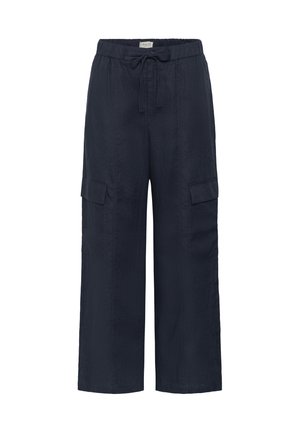 Pantalon cargo à jambes larges bleu marine avec taille à cordon de serrage et poches à rabat sur chaque cuisse.