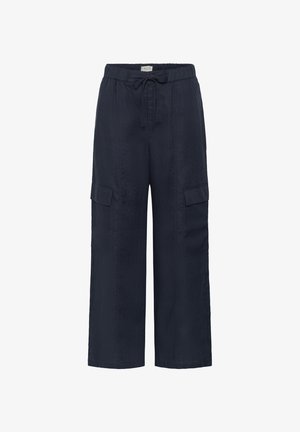 Marineblauwe wijde cargobroek met taillekoord en klepzakken op elk bovenbeen.