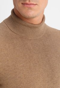 Pull à col roulé marron en tissu doux, avec un col côtelé et une texture lisse, de coupe ajustée et légèrement brillante.