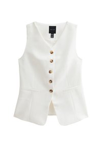 Bílá bezrukávová vesta ze hladké látky, s výstřihem do V, pěti zlatými knoflíky a dvěma předními kapsami.