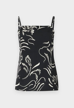 Black sleeveless top with white floral pattern, featuring thin straps and a slightly flared design. Smooth fabric with a soft texture.