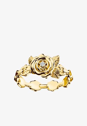 Goldring mit einem detaillierten Rosendesign und zwei Blättern, verziert mit einem kleinen zentralen klaren Edelstein.