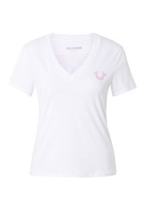 Weißes V-Ausschnitt-T-Shirt für Damen mit kurzen Ärmeln und kleinem rosa Hufeisen-Logo auf der linken Brust von True Religion.