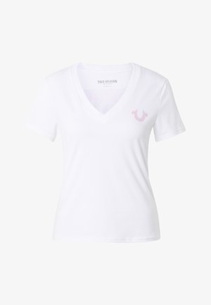 Witte V-hals T-shirt voor dames met korte mouwen en een klein roze hoefijzerlogo op de linkerborst van True Religion.