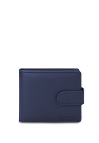 Navy leather wallet with a smooth texture, rectangular shape, and a snap closure. Features embossed logo and stitching along the edges.