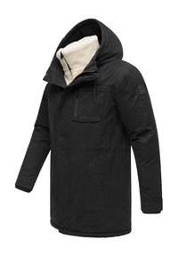 Parka negra con capucha, que cuenta con un suave forro interior blanco, un bolsillo con cremallera en la parte frontal y cordones ajustables en el cuello.