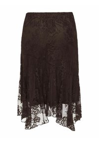 Jupe midi en dentelle florale noire avec ourlet mouchoir et taille ajustée, tissu semi-transparent sur doublure unie.
