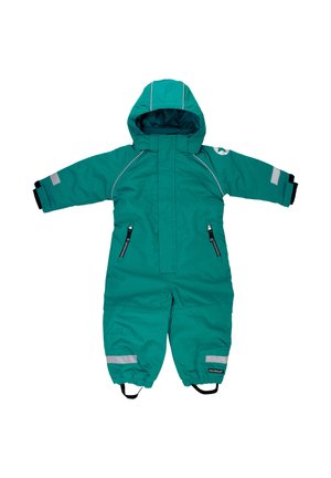 Teal winter overall with a hood, reflective strips, black cuffs, zippers, and elasticized leg openings for a snug fit. Water-resistant material.