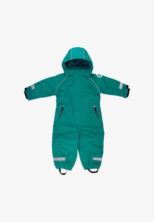 Blågrøn vinterdragt med hætte, reflekterende striber, sorte manchetter, lynlåse og elastiske benåbninger for en tæt pasform. Vandafvisende materiale.