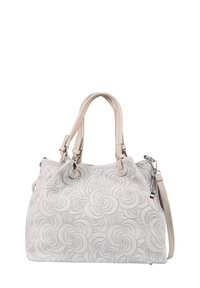 Gray handbag with a textured floral pattern, dual handles, and additional shoulder strap. Features silver hardware and a small Italian flag detail.