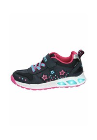 Black athletic shoe with pink accents, star patterns, and light-up sole. Features a hook-and-loop strap and mesh detailing for ventilation.