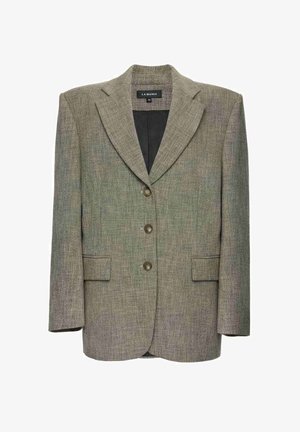 Hallikas tekstuuriga bleiser sälguga kraega, kahe esitasku, kolme pruuni nupu ja musta sisevoodriga. Sildil on kiri "LA MANIA."