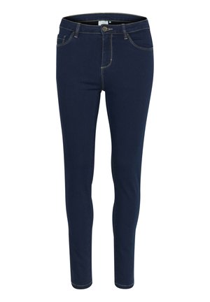 Lieknos džinsai tamsiai mėlynos spalvos. Su priekiniais mygtuko ir užtrauktuko uždarymais, diržo kilpelėmis ir penkiomis kišenėmis su kontrastinėmis siūlėmis.