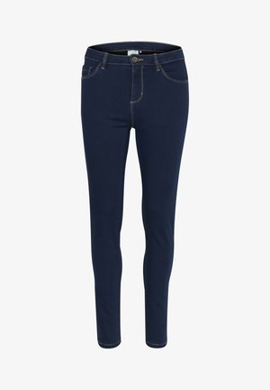 Lieknos džinsai tamsiai mėlynos spalvos. Su priekiniais mygtuko ir užtrauktuko uždarymais, diržo kilpelėmis ir penkiomis kišenėmis su kontrastinėmis siūlėmis.