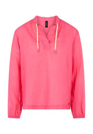 Pull rose vif à manches longues avec col en V, poignets élastiques et cordons blancs suspendus au col.