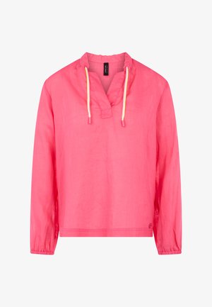 Bright pink long-sleeve pullover with a V-neck, elastic cuffs, and white drawstrings hanging from the collar.