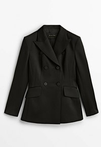 Veste croisée noire avec larges revers, poches avant à rabat et manches longues, étalée à plat sur fond blanc.