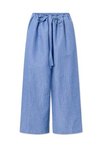 Lichtblauwe wijde broek met verticale witte strepen, voorzien van een elastische tailleband en een gestrikt koord aan de voorkant.