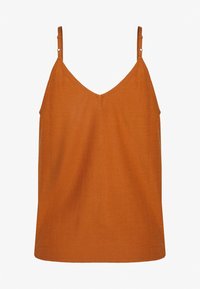 Top arancione senza maniche con scollatura a V, realizzato in tessuto morbido. Presenta spalline sottili e una vestibilità casual e ampia.