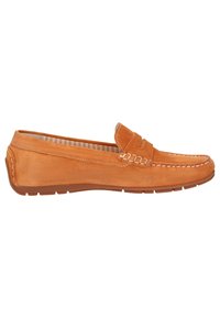 Orange Wildleder Slipper mit gestickten Akzenten und gummierter Sohle, im Mokassinstil mit gestreifter Innenausstattung.