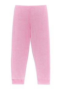 Pink fleece pants with a soft texture, elastic waistband, and ribbed cuffs, featuring a straight-leg design for comfortable fit.