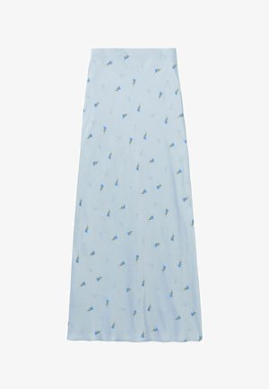 Gonna lunga azzurro chiaro con stampa floreale in blu e verde. Realizzata in tessuto morbido, presenta una texture liscia e una silhouette a trapezio.