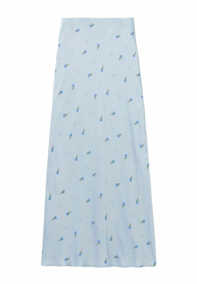 Gonna lunga azzurro chiaro con stampa floreale in blu e verde. Realizzata in tessuto morbido, presenta una texture liscia e una silhouette a trapezio.