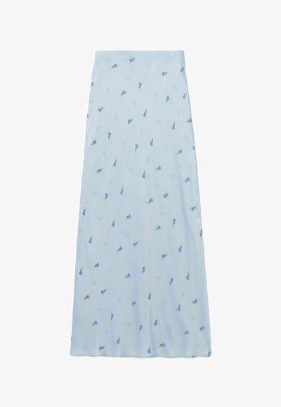 Gonna lunga azzurro chiaro con stampa floreale in blu e verde. Realizzata in tessuto morbido, presenta una texture liscia e una silhouette a trapezio.