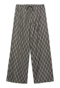 Brown patterned lounge pants with an elastic waistband and drawstring, featuring a repetitive leaf design in light green.