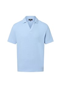 Helles blaues Poloshirt mit kurzen Ärmeln und strukturierter Oberfläche, mit einem V-Ausschnitt und einer lässigen Passform. Ideal für die Freizeit.