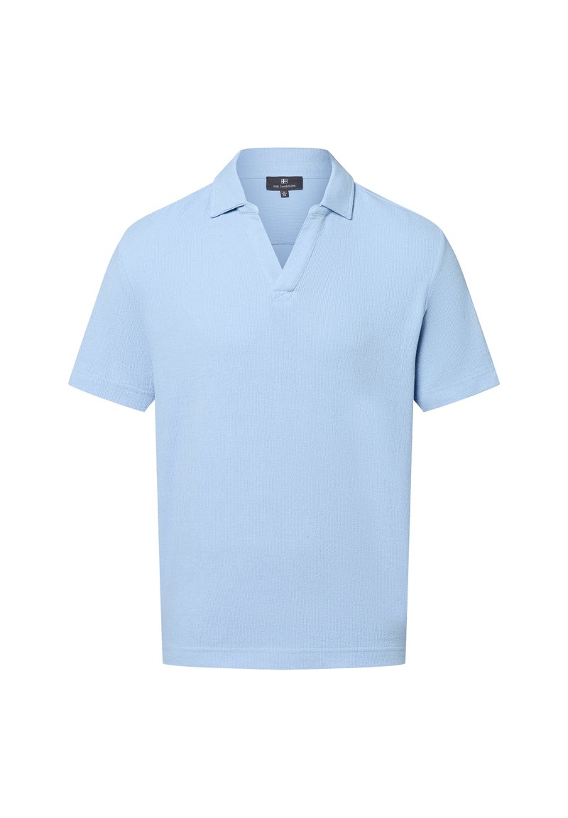 Helles blaues Poloshirt mit kurzen Ärmeln und strukturierter Oberfläche, mit einem V-Ausschnitt und einer lässigen Passform. Ideal für die Freizeit.