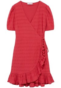 Rotes Wickelkleid aus strukturiertem Stoff, mit kurzen Puffärmeln, einem rüschengesäumten Saum und einer Schleifenoptik in der Taille.