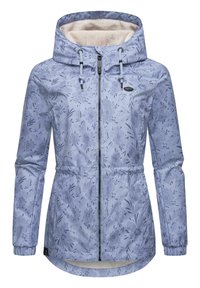 Veste à motifs floraux bleu clair avec fermeture éclair à l'avant et capuche à cordon. Elle possède une doublure intérieure douce et des poignets élastiques pour plus de confort.