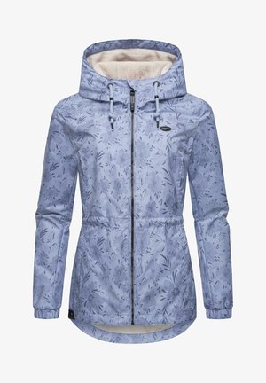 Light blue floral-patterned jacket with a zip front and drawstring hood. Features a soft interior lining and elastic cuffs for comfort.
