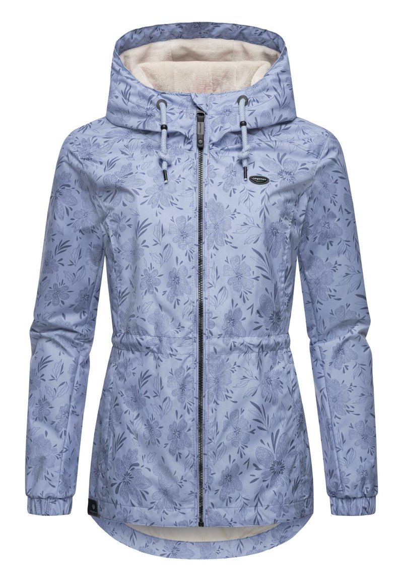 Veste à motifs floraux bleu clair avec fermeture éclair à l'avant et capuche à cordon. Elle possède une doublure intérieure douce et des poignets élastiques pour plus de confort.